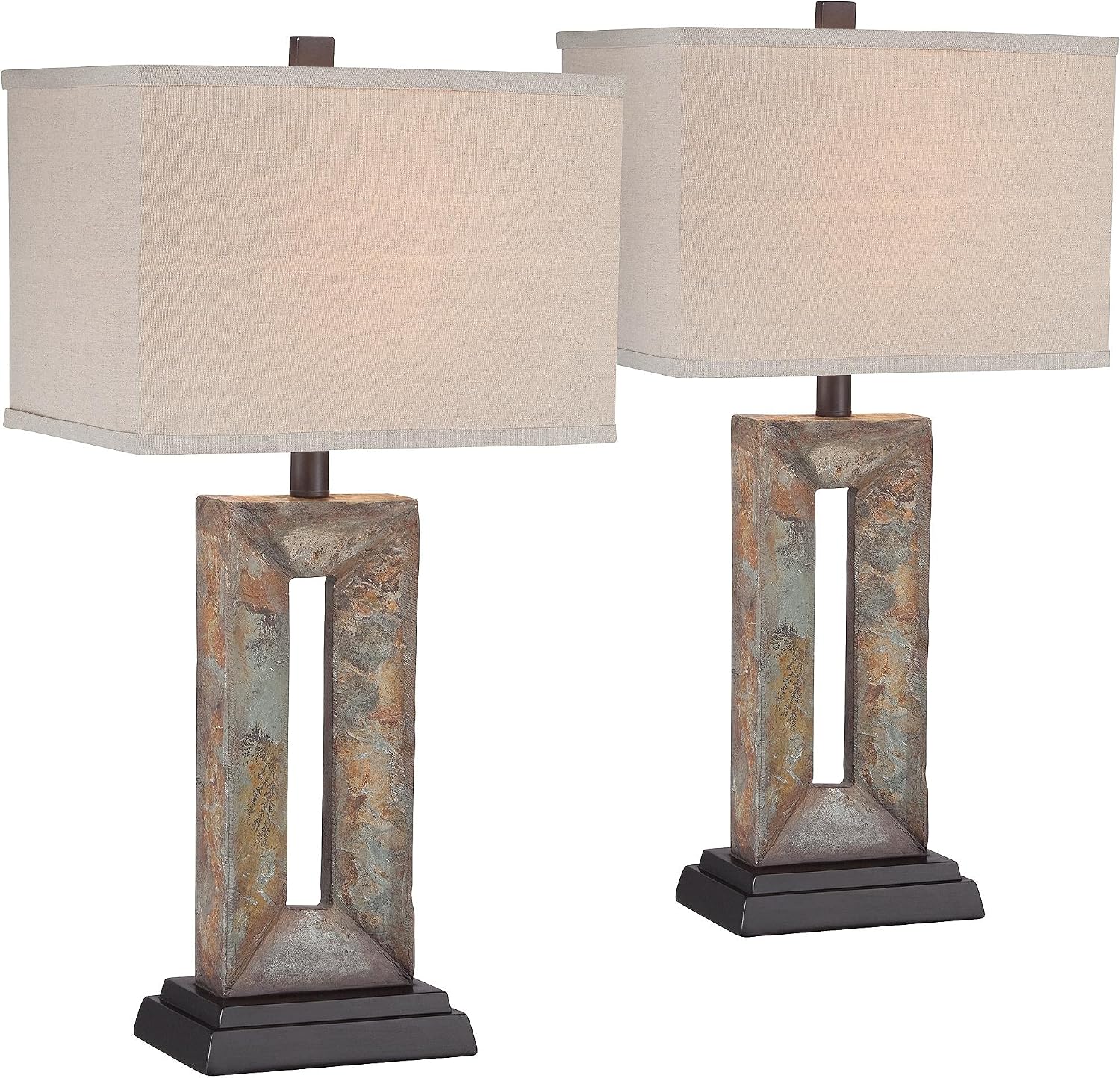 Franklin Iron Works Tahoe Small Rustic Traditional Style Table Lamps 26' High Set of 2 Natural Stale Open Base Rectangular Box Shade for Living Room Bedroom House Bedside Home (Colors May Vary)