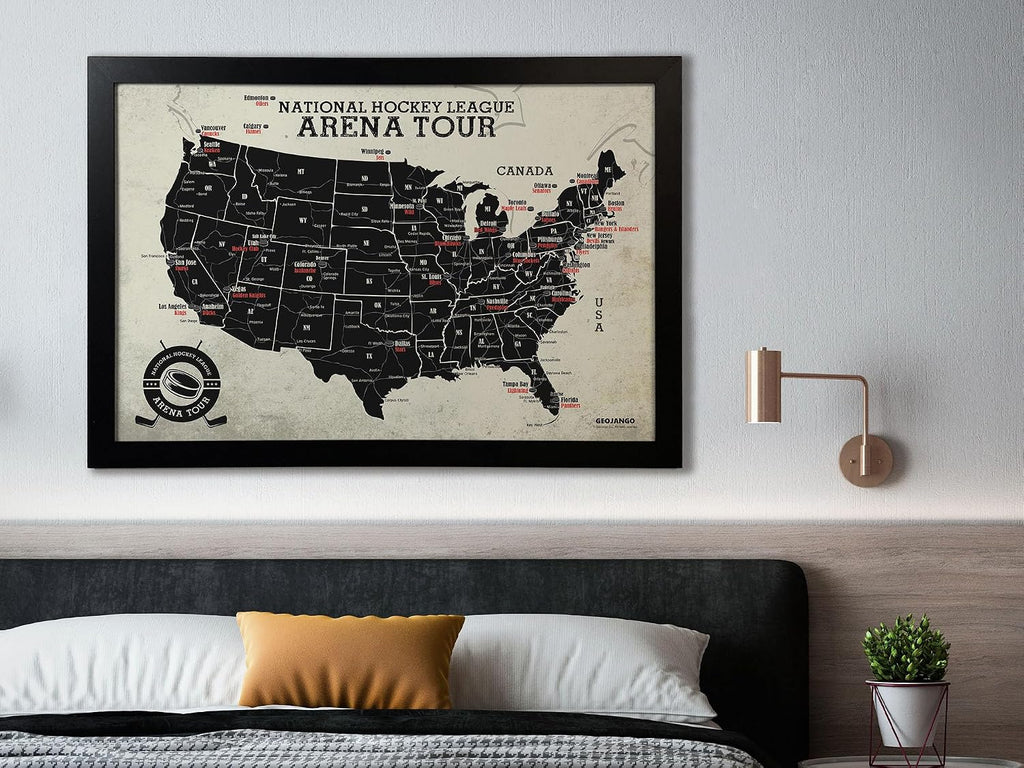 Framed Hockey Arena Map - Features All Professional Hockey Teams & Arenas - Track your Sports Travels - Includes 35 Red Push Pins