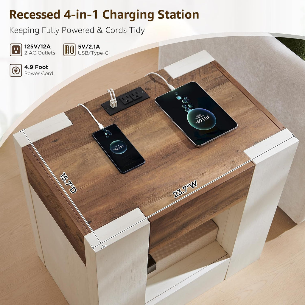 OKD Modern Nightstand with Charging Station, 24' Large Bedside Table, Rustic End Table with Drawers & Open Shelf for Bedroom/Living Room, Night Stand Wood Thick Design,Antique White