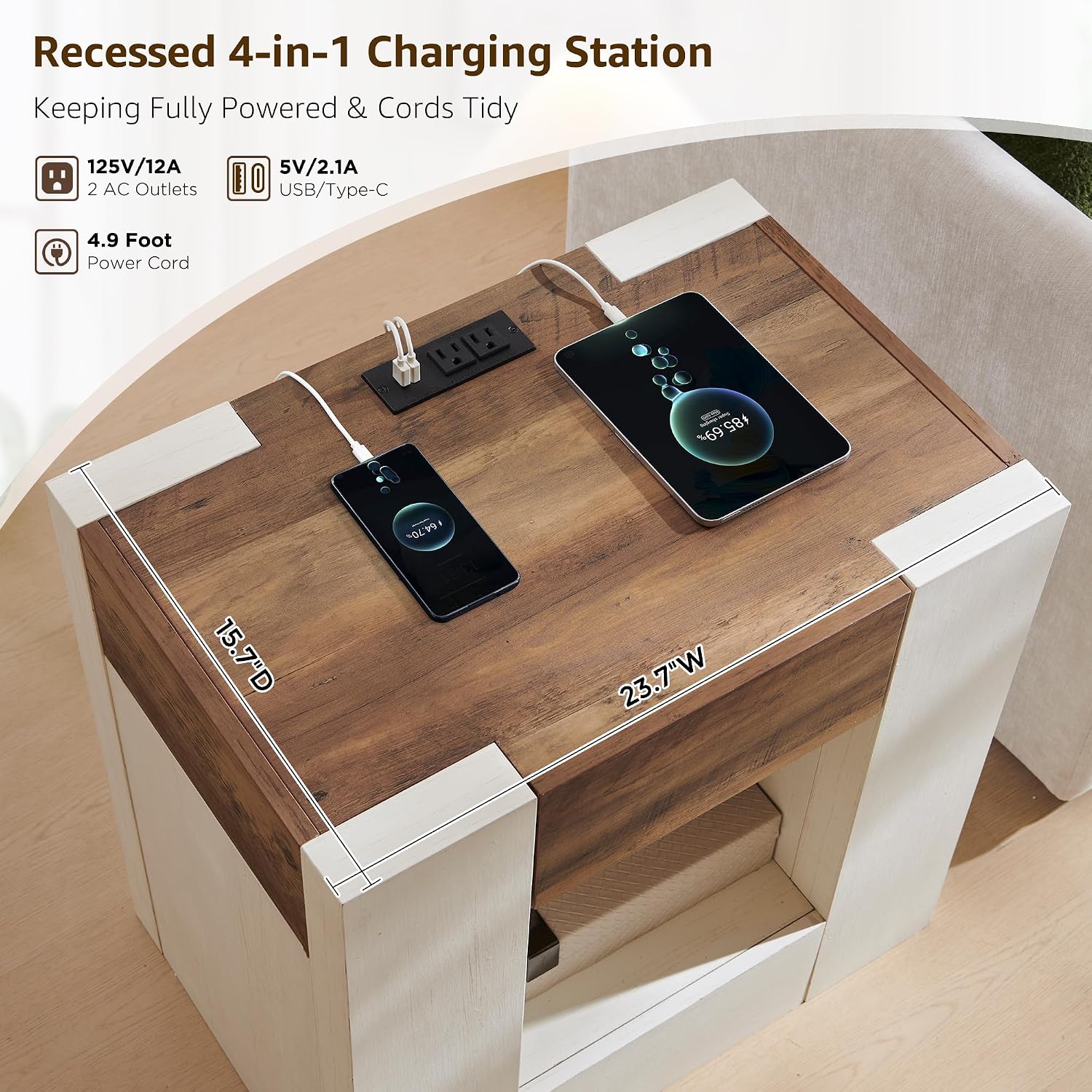 OKD Modern Nightstand with Charging Station, 24' Large Bedside Table, Rustic End Table with Drawers & Open Shelf for Bedroom/Living Room, Night Stand Wood Thick Design,Antique White