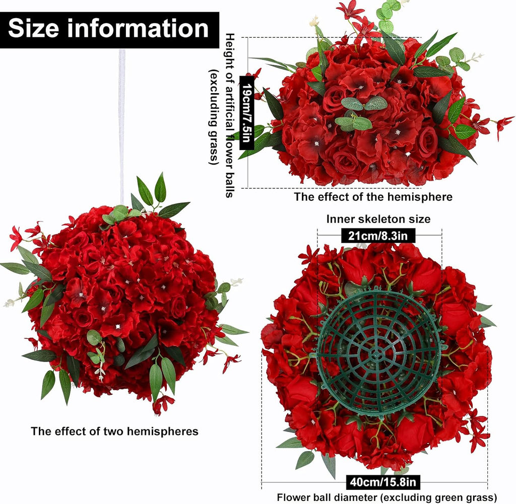 6pcs Wedding centerpieces for Tables 15.8' Red Artificial Flowers Rose Ball Arrangements Silk Flower Balls Floral for Wedding Christmas Party Table Home Decor (6, Red, 15.8'' Diam)