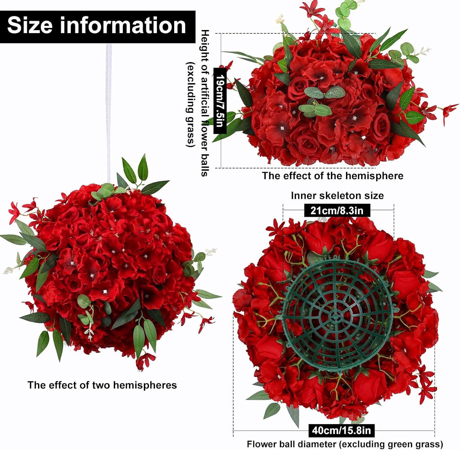 6pcs Wedding centerpieces for Tables 15.8' Red Artificial Flowers Rose Ball Arrangements Silk Flower Balls Floral for Wedding Christmas Party Table Home Decor (6, Red, 15.8'' Diam)