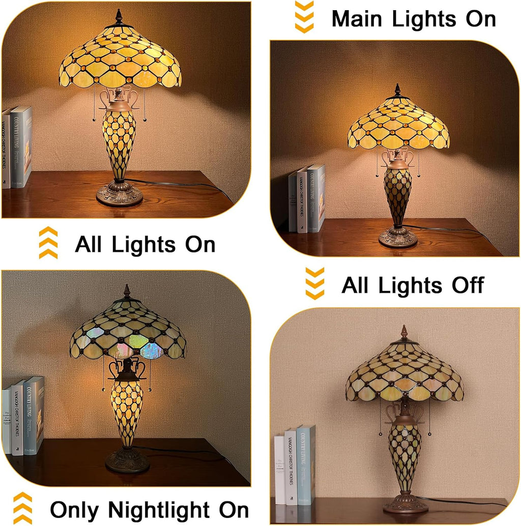 Capulina Tiffany Lamp Stained Glass Table Lamp with Nightlight 16X16X25 Inches Mother-Daughter Vase Amber Beads Tiffany Style Desk Lamp for Home Office Living Room Bedroom Study Room