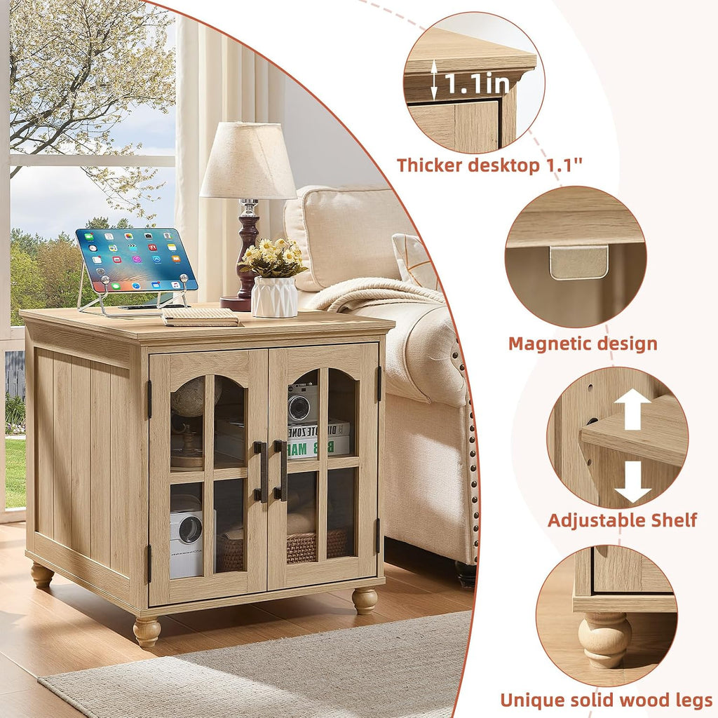 RWYHG Farmhouse End Table with Charging Station,24' Large Sofa Side Table with Glass Barn Door,Rustic Wood Night Stand with Adjustable Storage Shelf,Square Bedside Table for Living Room,Bedroom Office
