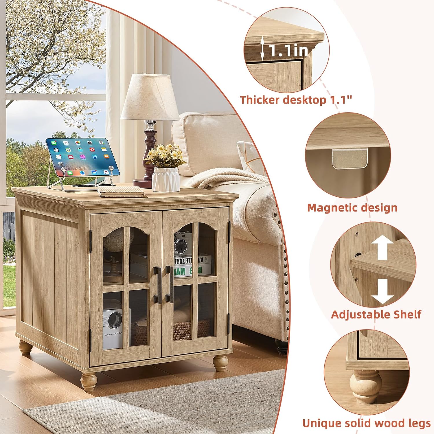 RWYHG Farmhouse 24' End Table Set of 2 with Charging Station, Large Sofa Side Table with Glass Barn Door,Wood Night Stand with Adjustable Storage Shelf,Square Bedside Table for Living Room,Bedroom