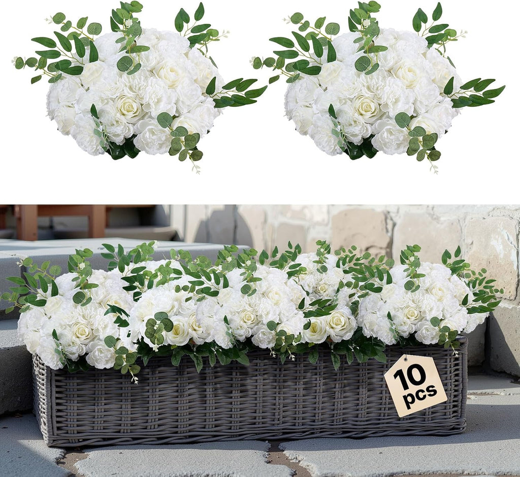 VEVOR Flower Balls Arrangement Bouquet 10 PCS, 17.7-Inch Max Diameter Artificial Flower Balls Wedding White Roses Centerpieces, Faux Flowers Arrangements for Wedding Centerpiece Home Table Decorations