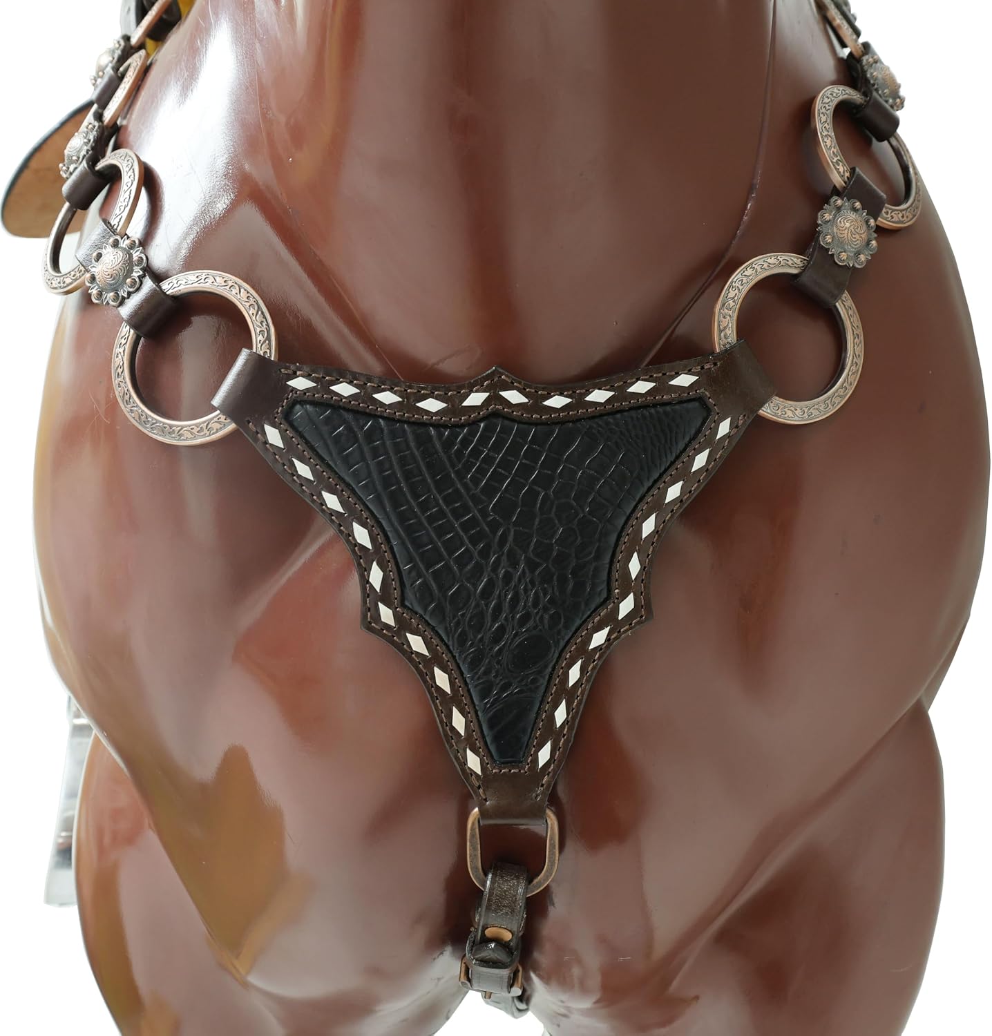 Western Ring Headstall and Breast Collar Set – Copper Rings, Black Alligator Leather Braiding & Cowhide Buck Stitching – Argentina Cow Leather, Antique Copper Hardware