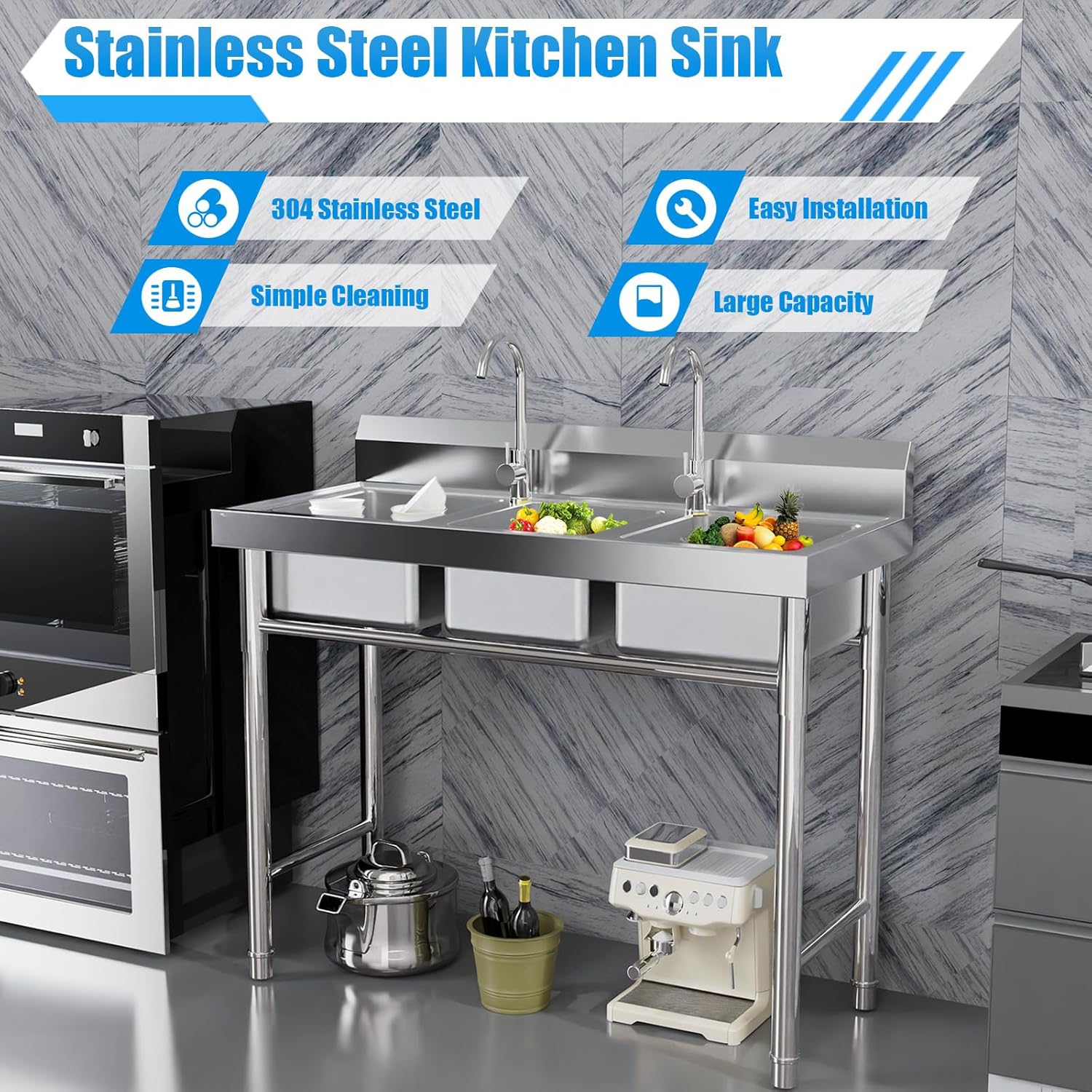 Kitchen Stainless Steel Utility Sink - Triple 3 * 7' x 11' x 9' Bowl - 3 Compartment Commercial Kitchen Sink w/Stable Leg Support - For Restaurant, Laundry, Garage & Backyard