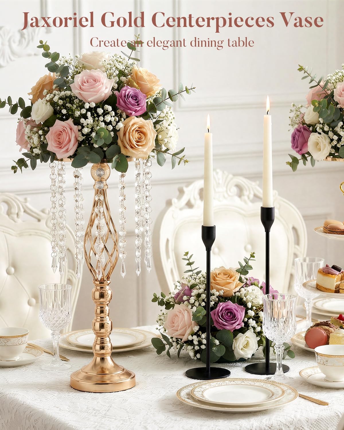 10 Pcs 21.5' Tall Gold Centerpieces for Table, Open Lattice Midsection Trumpet Base Vase Stands with Hanging Crystals, Metal Flower Holders for Wedding Receptions,Parties & Event Decor