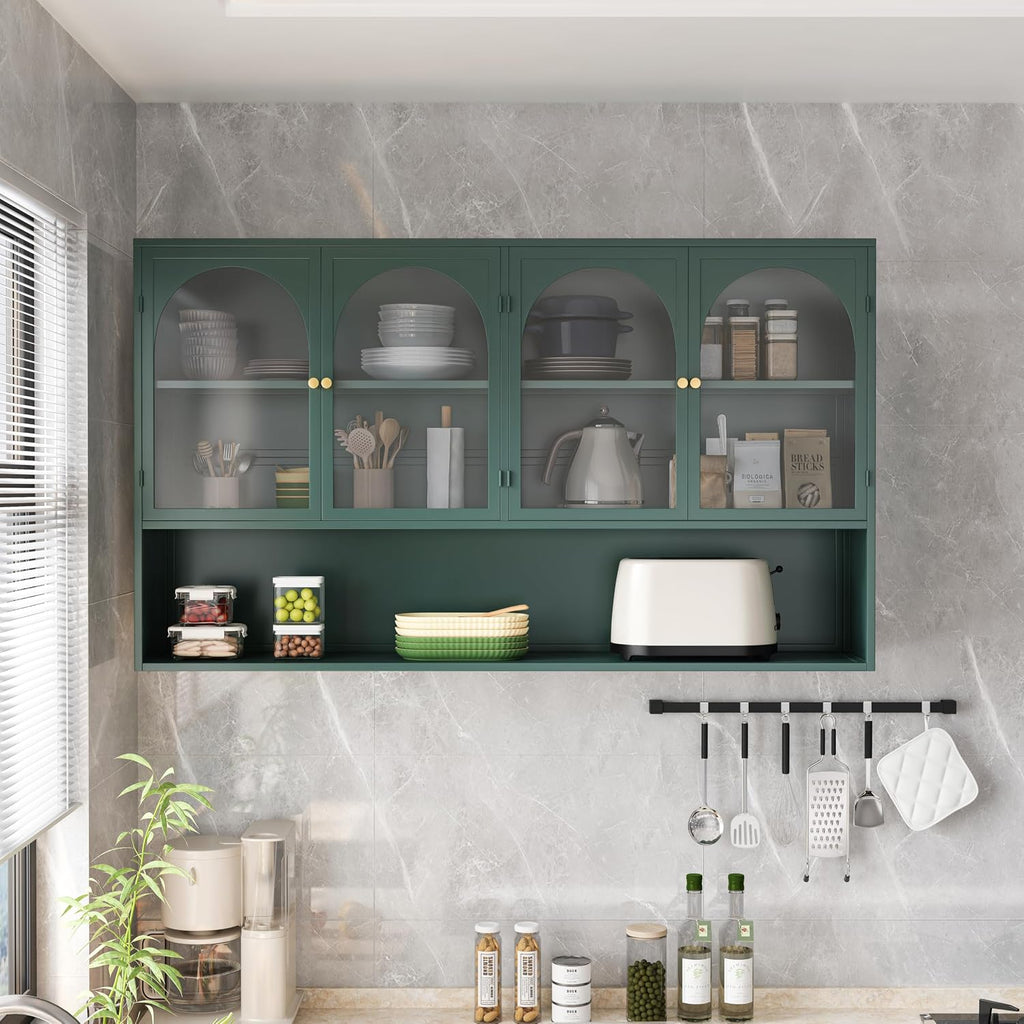 Retro Style Tempering Glass Door Wall Cabinet with Detachable Shelves and Open Shelves，for Office Dining Room,Living Room, Kitchen and Bathroom Dark Green