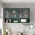 Retro Style Tempering Glass Door Wall Cabinet with Detachable Shelves and Open Shelves，for Office Dining Room,Living Room, Kitchen and Bathroom Dark Green