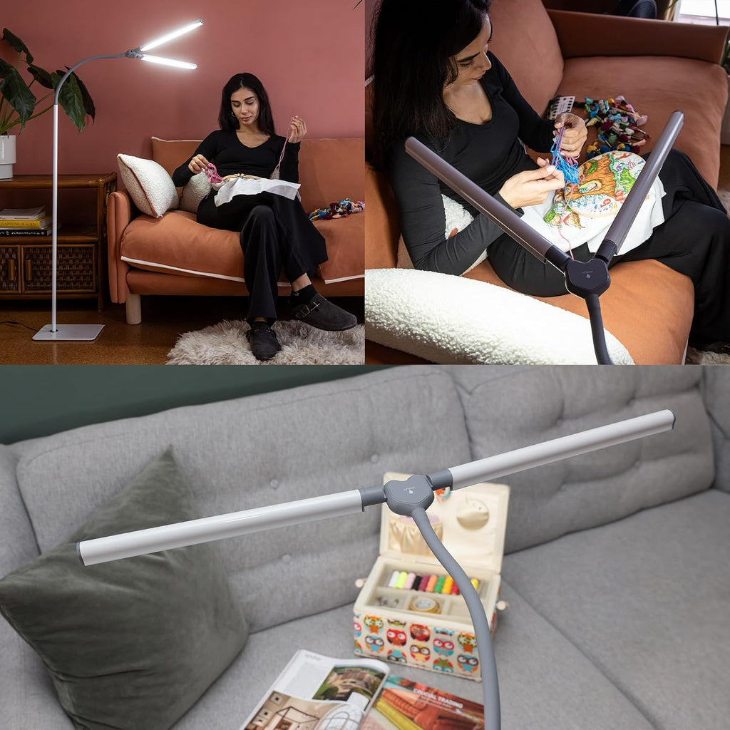 DuoLamp Floor LED Lamp - 6,000K Daylight, 2,090 Lux at 30cm, 4 Brightness Levels, Adjustable Arm, Slim Design, Perfect for Eyelash, Eyebrow, Tattooing, Salon Services - White
