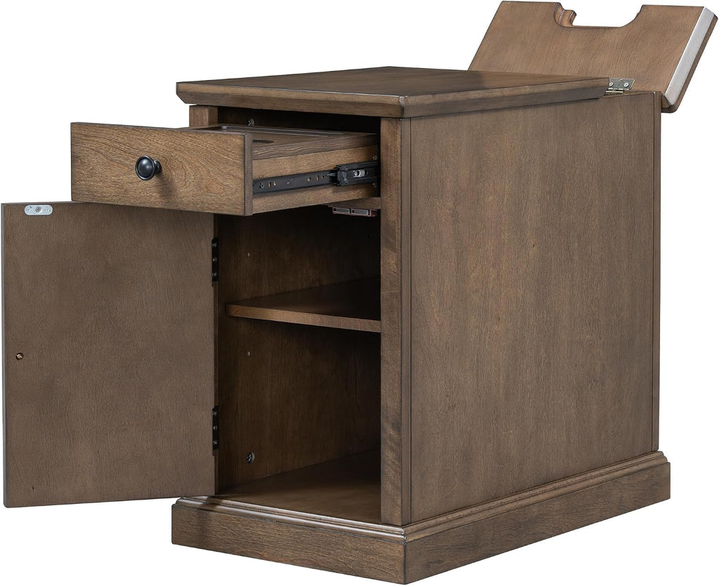Multifunctional Classic Vintage End Table with USB Ports and 1 Drawer with Cup Holders, Sofa Side Narrow Table with Storage, Bedside Nightstand for Living Room Bedroom (Antique Brown-4.3)