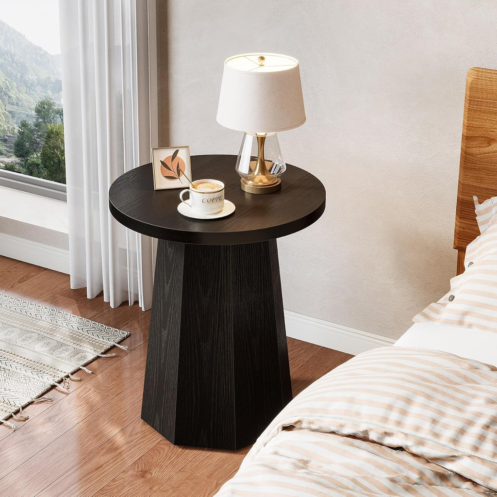 Tribesigns Round Pedestal End Table, Farmhouse Couch Side Table with Octagonal Base, Wooden Drink Stand Accent Nightstand(2, Black)