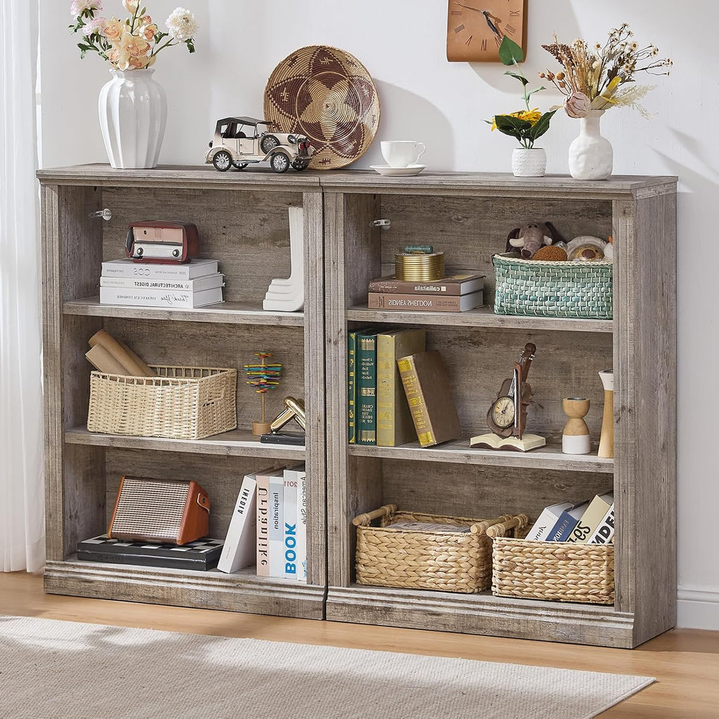 RWYHG 43' Grey Tall Bookshelf,3-Tier Thick Wooden Book Shelf with Adjustable Shelves,Free Standing Farmhouse Bookcase with Open Display Storage,Floor Vintage Bookshelves for Living Room,Office