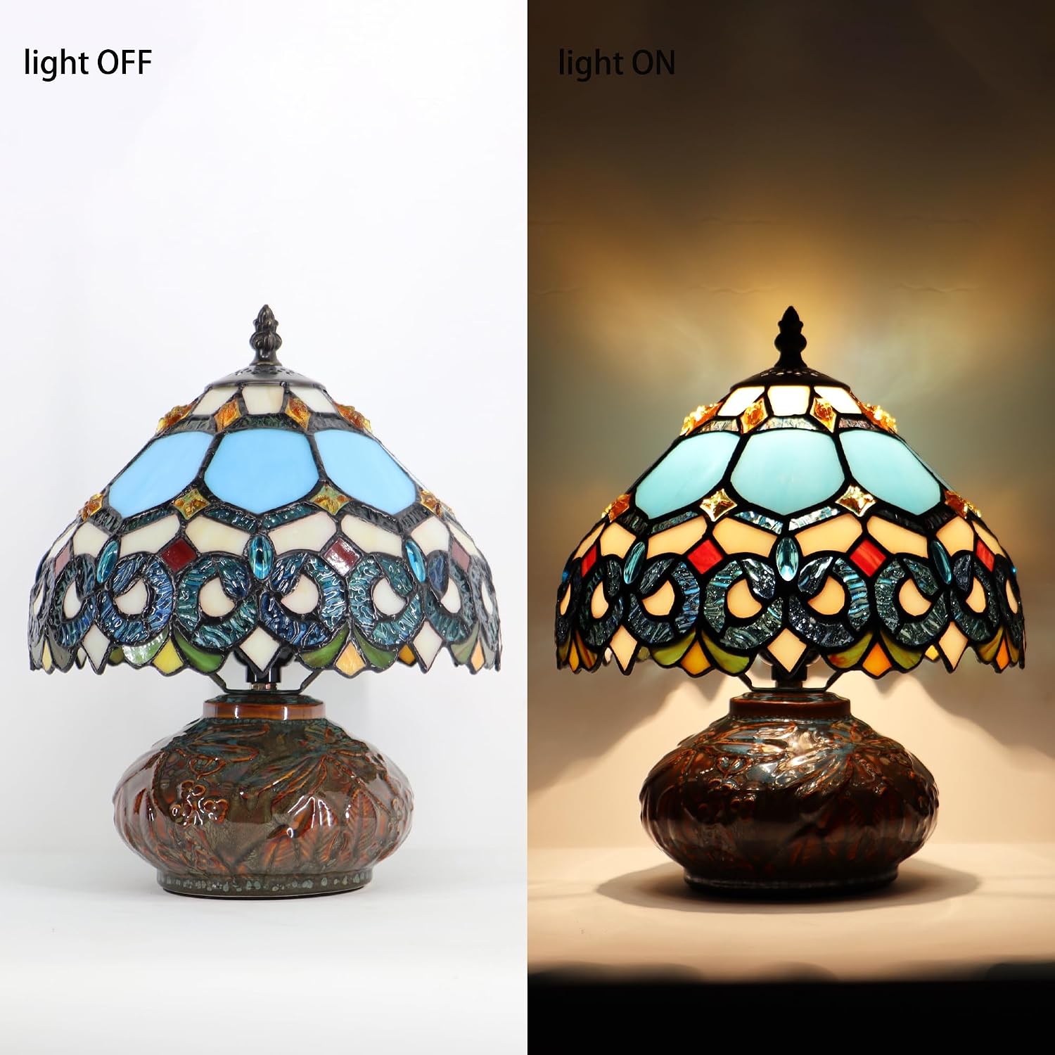 Small Tiffany Table Lamp, 10X10X11 Inch Mini Stained Glass Mushroom Desk Light Memory Sympathy Ceramic lamp (Sapphire Style)