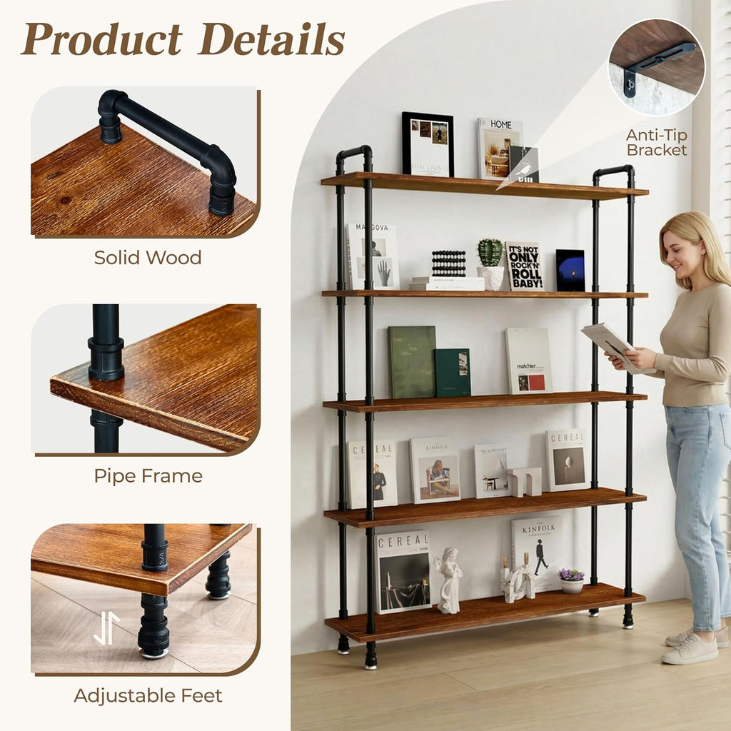 Industrial Bookshelf, Rustic Open Bookcase, 5 Tier Wood and Metal Bookshelf, Solid Pine Wood and Iron Pipe Tall Narrow Storage Shelf for Living Room Bedroom Office Kitchen