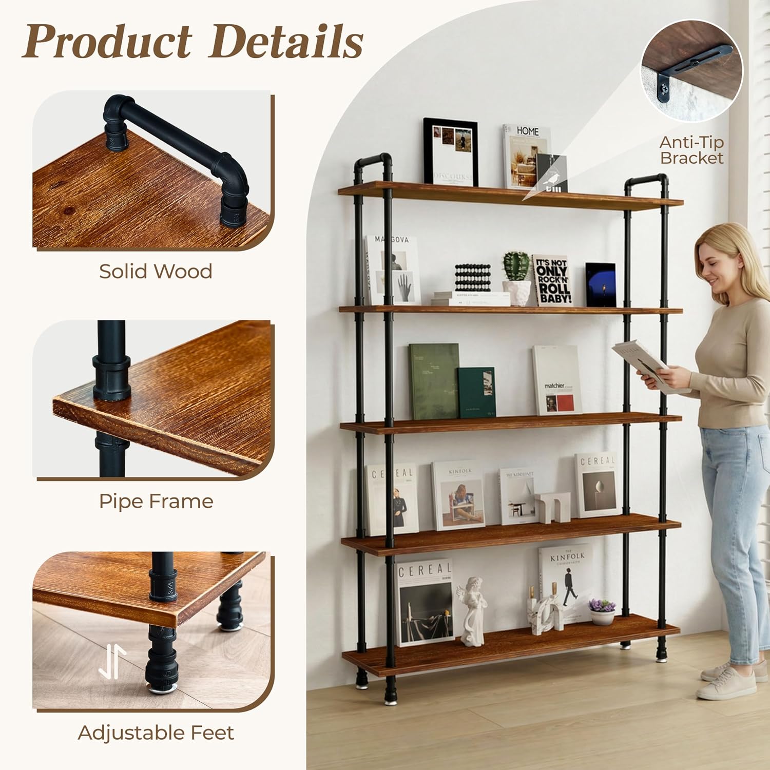 Industrial Bookshelf, Rustic Open Bookcase, 5 Tier Wood and Metal Bookshelf, Solid Pine Wood and Iron Pipe Tall Narrow Storage Shelf for Living Room Bedroom Office Kitchen