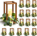 Sabary 45Pcs/15 Set Wooden Wedding Lantern Centerpiece, Include 15 Candle Holder 15 LED Candle 15 Eucalyptus Leave Wreath for Rustic Wedding Table Decoration, Country Barn Table Valentine Decor, Party