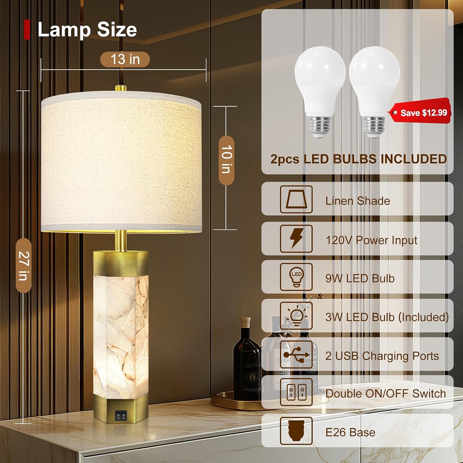 Natural Alabaster Table Lamps Set of 2,Table Lamp with Night Light for Living Room,Nightstand Lamp with USB Ports,Bedside Lamp with Linen Fabric Shade for Bedroom,Living Room,Office,Bar(Bulb Included)