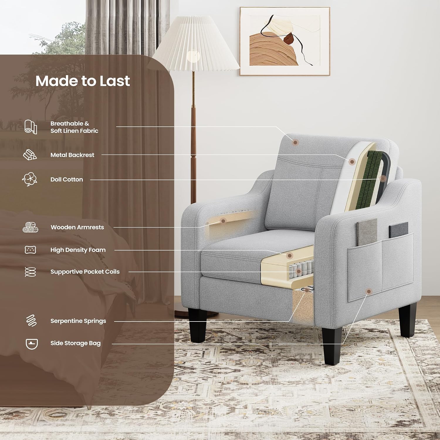 Accent Chair for Living Room Modern Linen Upholstered Armchair Side Wooden Fabric Sofa Chair with Foldable Table 2 Side Pockets Comfy Reading Chair for Bedroom
