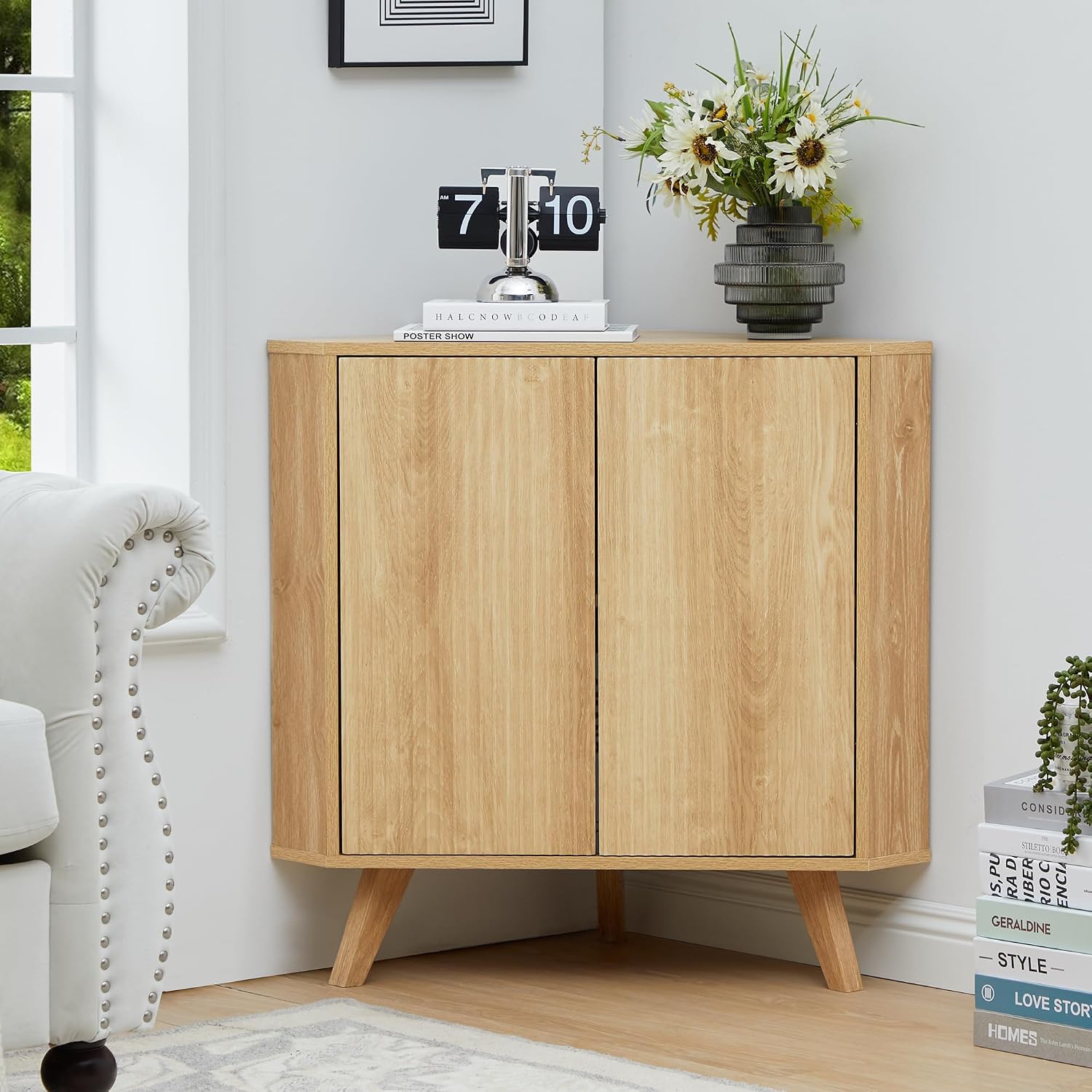 XUZENEST Fluted Floor Corner Cabinet, Small Corner Floor Cabinet with Adjustable Shelve, Freestanding Narrow Cabinets Organizer for Living Room Kitchen Bathroom, Natural