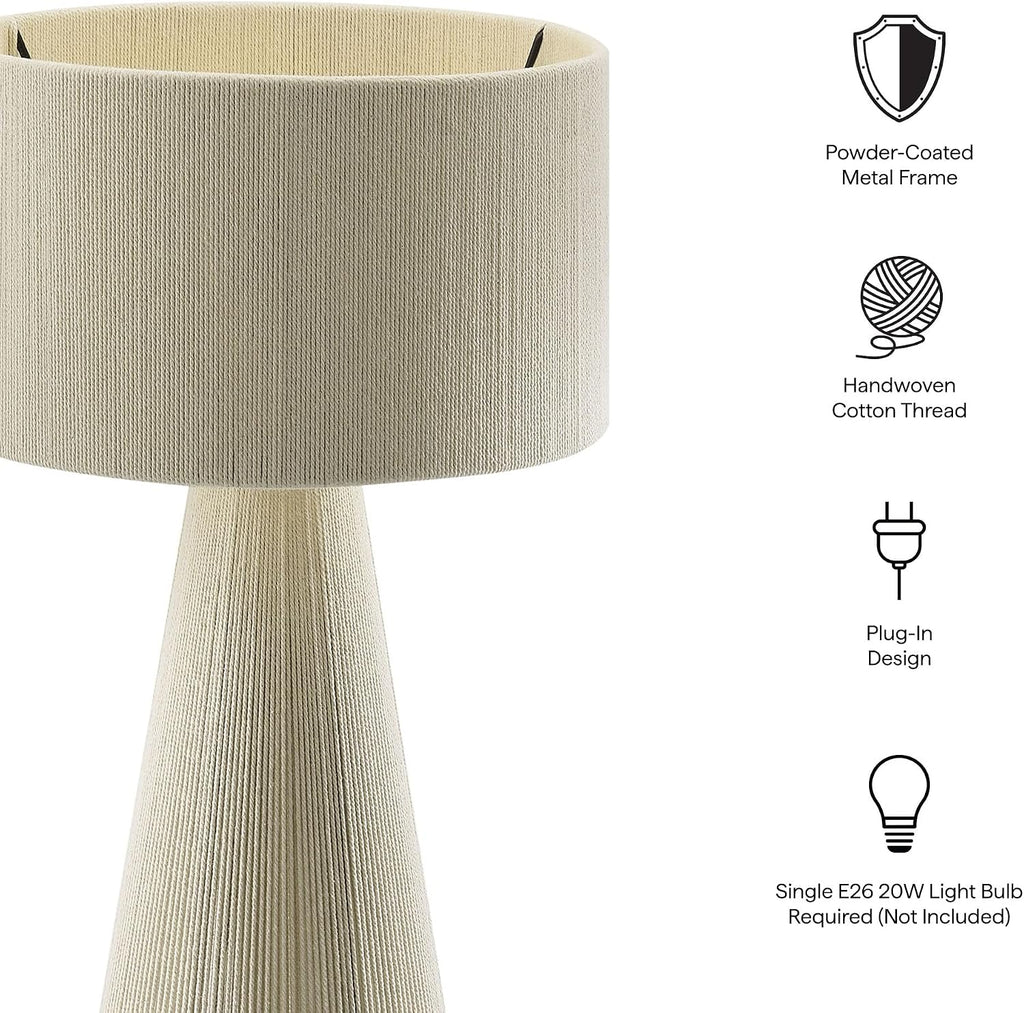 Modway Gia Vintage Modern Cotton Thread Table Lamp in Natural - Unique Retro Boho Accent Lamp with Metal Base and Repeating Stripes Design
