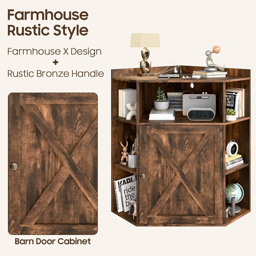Halitaa Corner Storage Cabinet, Farmhouse Corner Bookshelf with Storage 6-Cubby Wooden Cabinet with USB Ports and Outlets Industrial Organizer for Small Space, Study, Playroom, Living Room