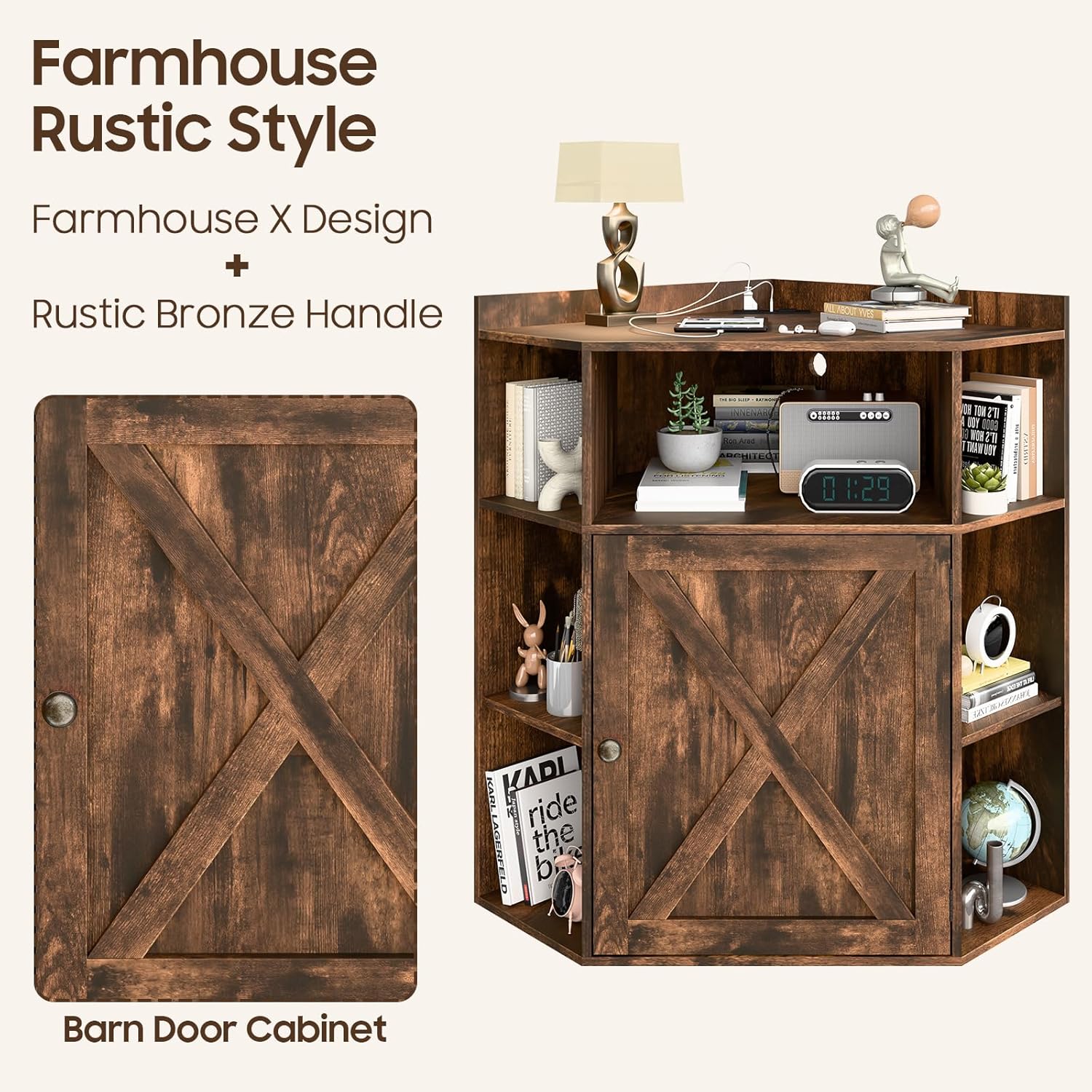 Halitaa Corner Storage Cabinet, Farmhouse Corner Bookshelf with Storage 6-Cubby Wooden Cabinet with USB Ports and Outlets Industrial Organizer for Small Space, Study, Playroom, Living Room