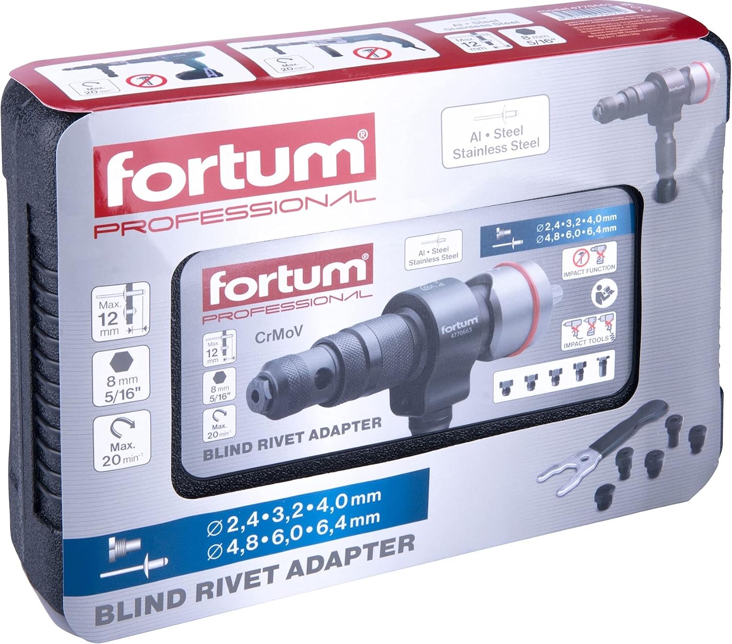 Heavy Duty Fortum Electric Blind Pop Riveter Rivet Gun Drill Attachment Kit with Torque Handle 2.4mm - 6.4 mm