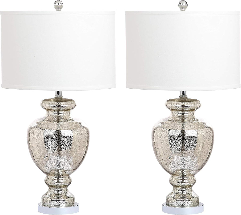 SAFAVIEH Lighting Collection Morocco Mercury Silver Crackle Glass 28-inch Bedroom Living Room Home Office Desk Nightstand Table Lamp Set of 2 (LED Bulbs Included)