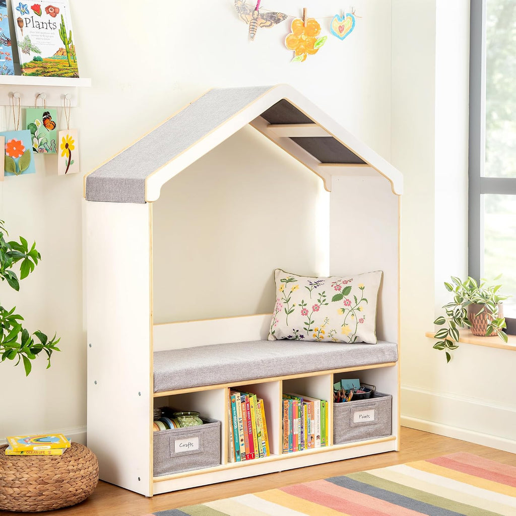 Guidecraft EdQ Kids' Reading Nook - White: Wooden Reading Bench Bookshelf Organizer with Storage Cubbies and Bins for Books | Classroom and Playroom Furniture