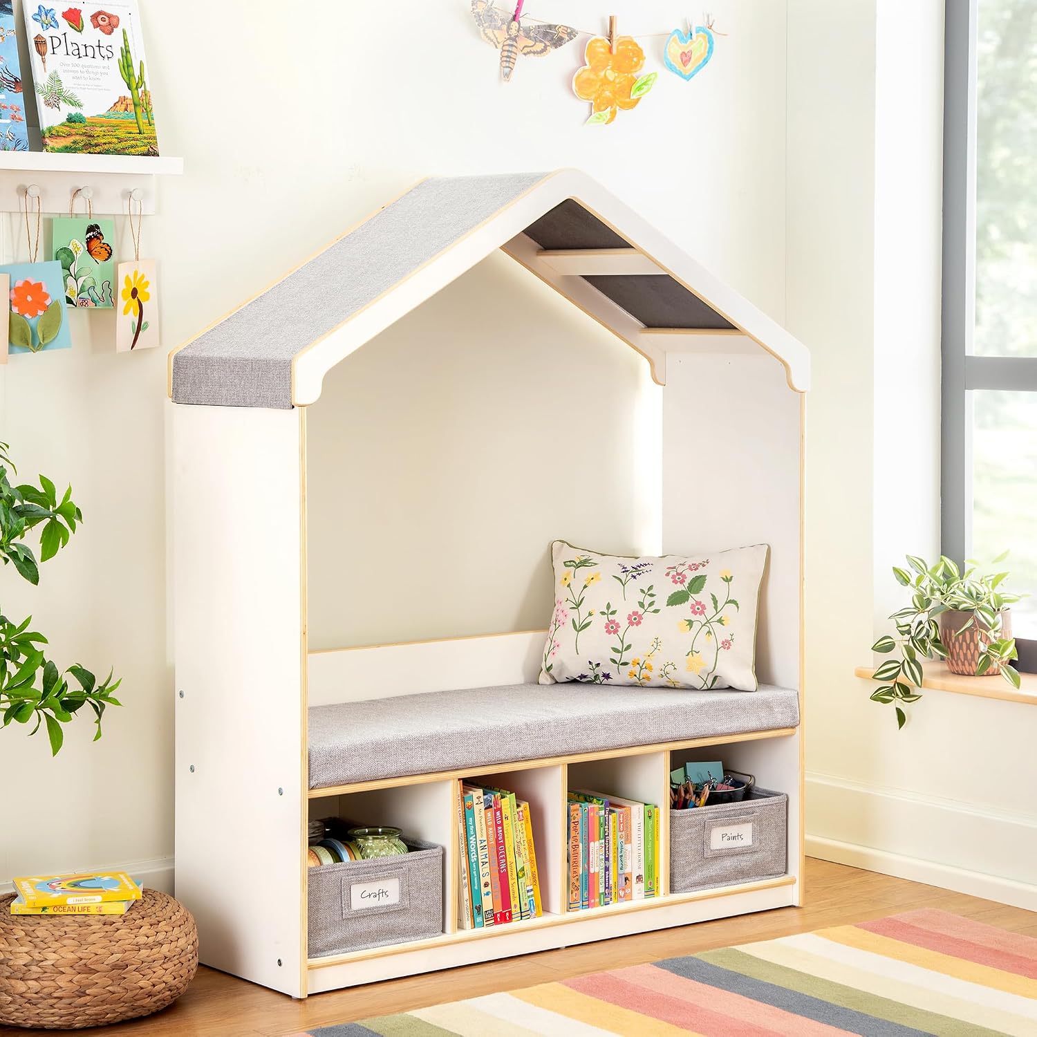 Guidecraft EdQ Kids' Reading Nook - White: Wooden Reading Bench Bookshelf Organizer with Storage Cubbies and Bins for Books | Classroom and Playroom Furniture
