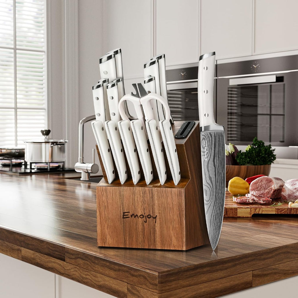 Emojoy Knife Set, 18 Piece Kitchen Knife Set with Block and Built-in Sharpener, Full Tang German Steel Knife Block Set for Kitchen, Razor Sharp Knives Set with Wooden Block