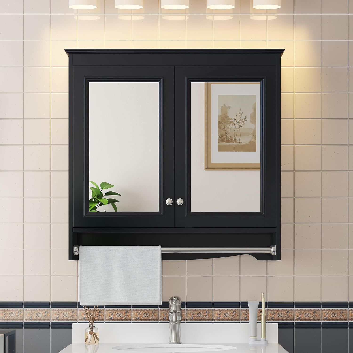 Merax 3-in-1 Bathroom Mirror Cabinet with Adjustable Shelves, Soft Close Doors & Towel Bar, 30' Wall Mounted Medicine Cabinet with High-Definition Mirror, Versatile Storage for Vanity, Bedroom, Black
