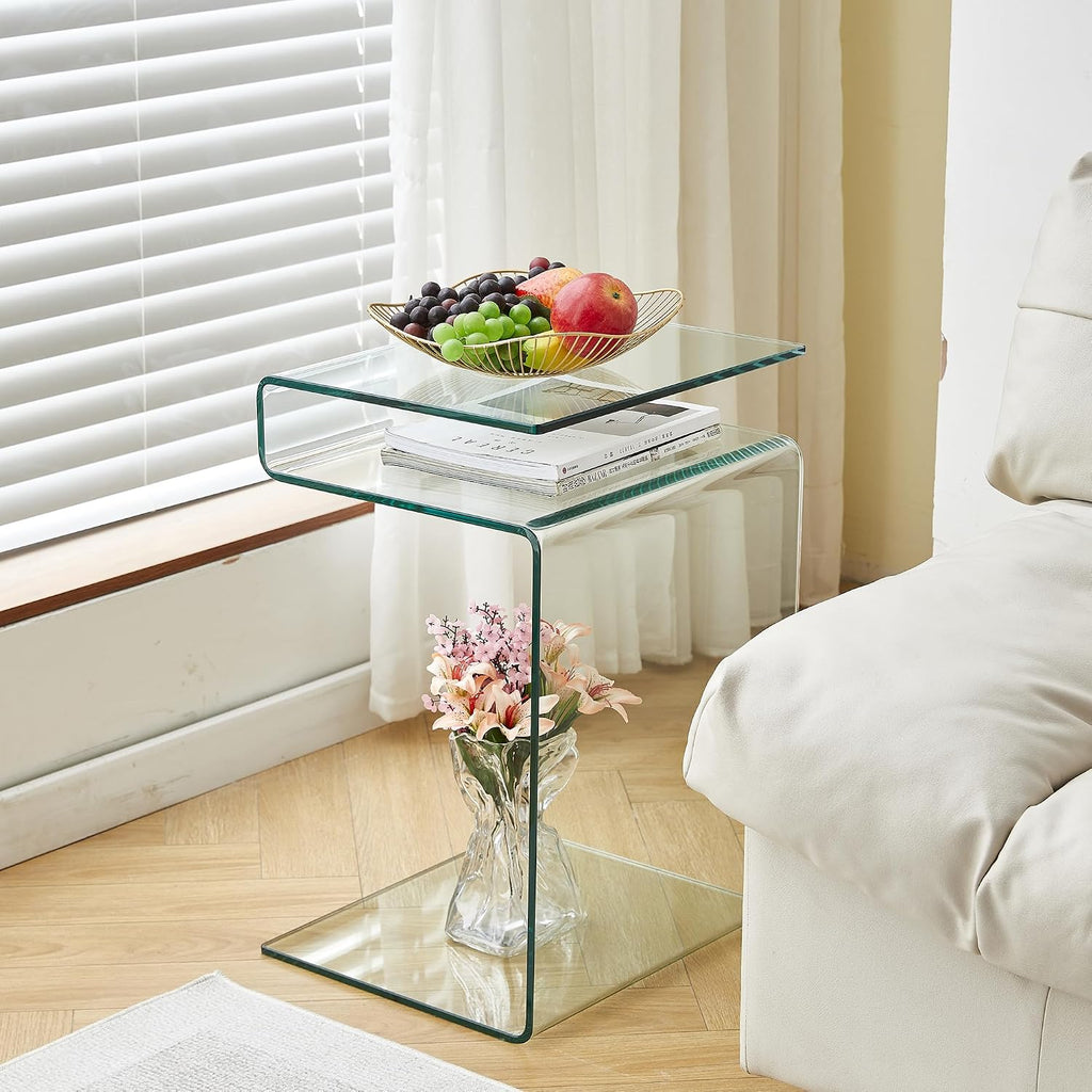 Glass Nightstand End Table, S-Shape Bedside Tables for Bedroom, Modern Small Clear Side Table for Living Room, Sofa Table (Clear S-Shape)