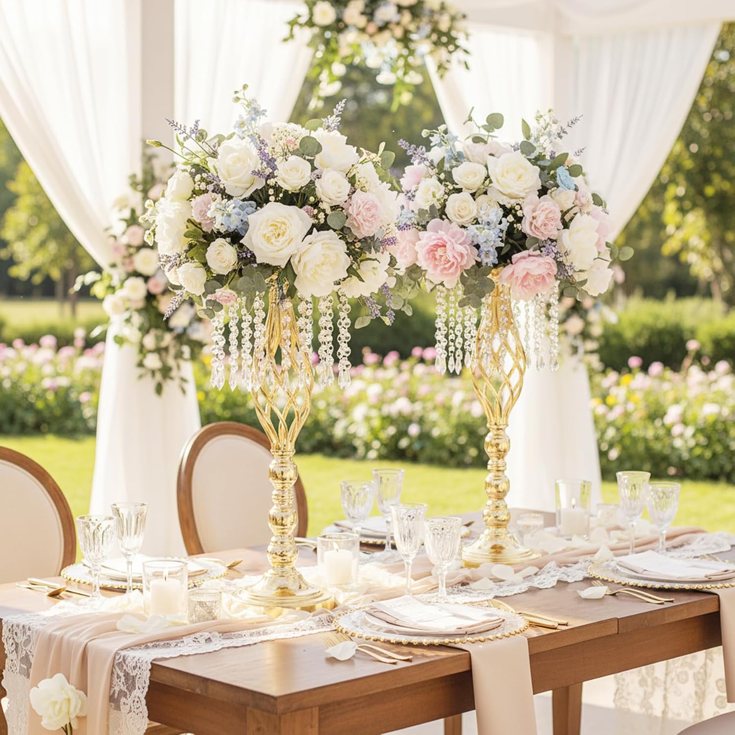 Metal Flower Stands with Crystal Beads - Wedding Centerpieces for Table Decorations, Elegant Metal Flower Arrangement Stands, Flower Vases for Wedding Party Celebration Home Decor (Gold-10pcs)