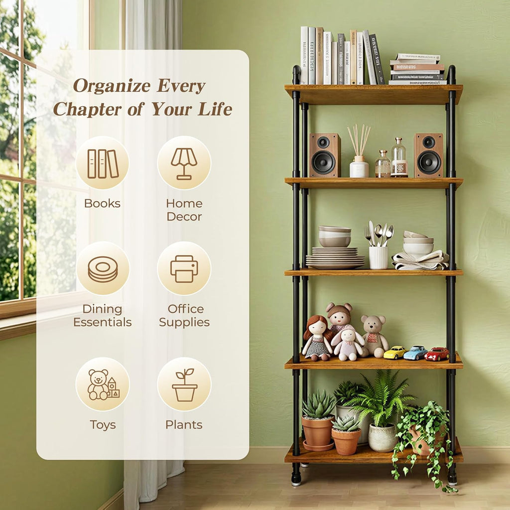 Industrial Bookshelf, Rustic Open Bookcase, 5 Tier Wood and Metal Bookshelf, Solid Pine Wood and Iron Pipe Tall Narrow Storage Shelf for Living Room Bedroom Office Kitchen