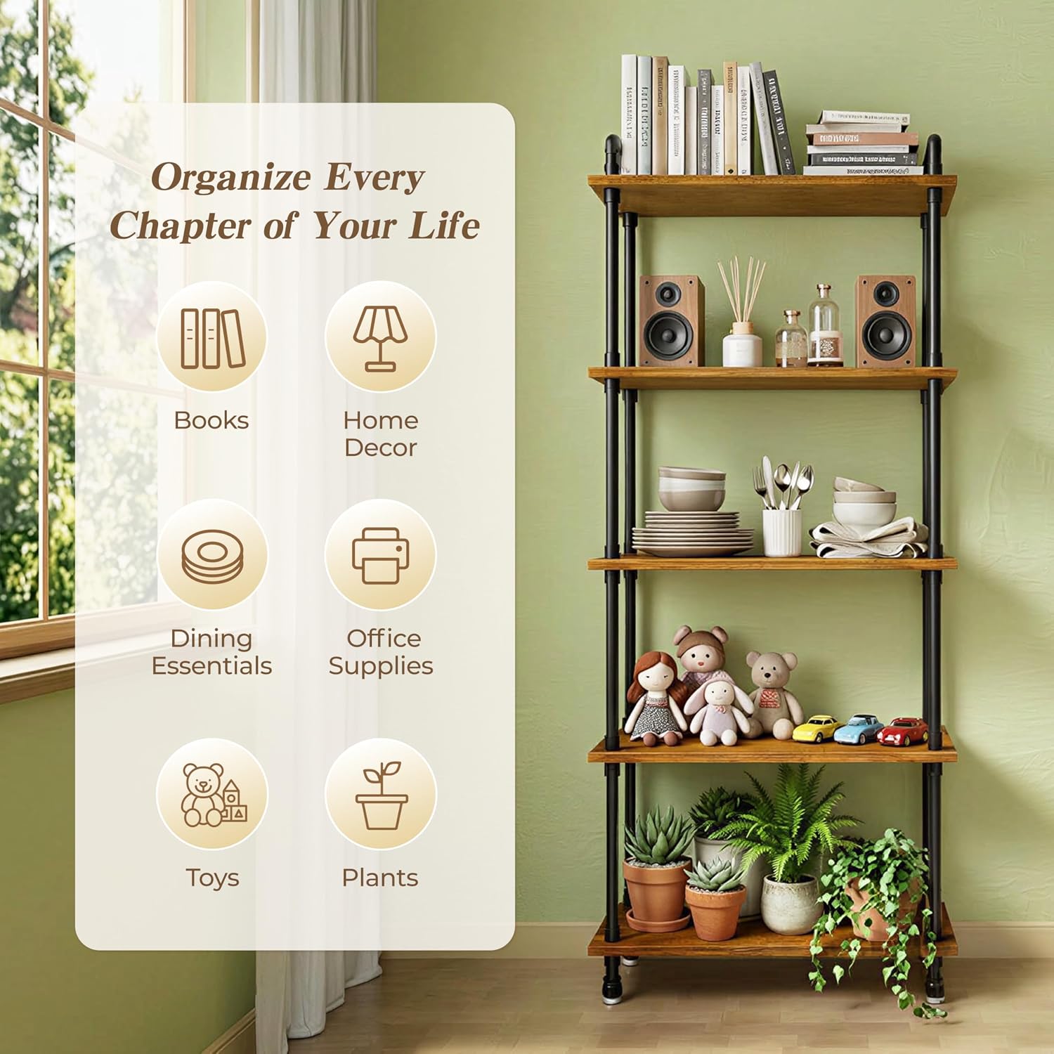 Industrial Bookshelf, Rustic Open Bookcase, 5 Tier Wood and Metal Bookshelf, Solid Pine Wood and Iron Pipe Tall Narrow Storage Shelf for Living Room Bedroom Office Kitchen