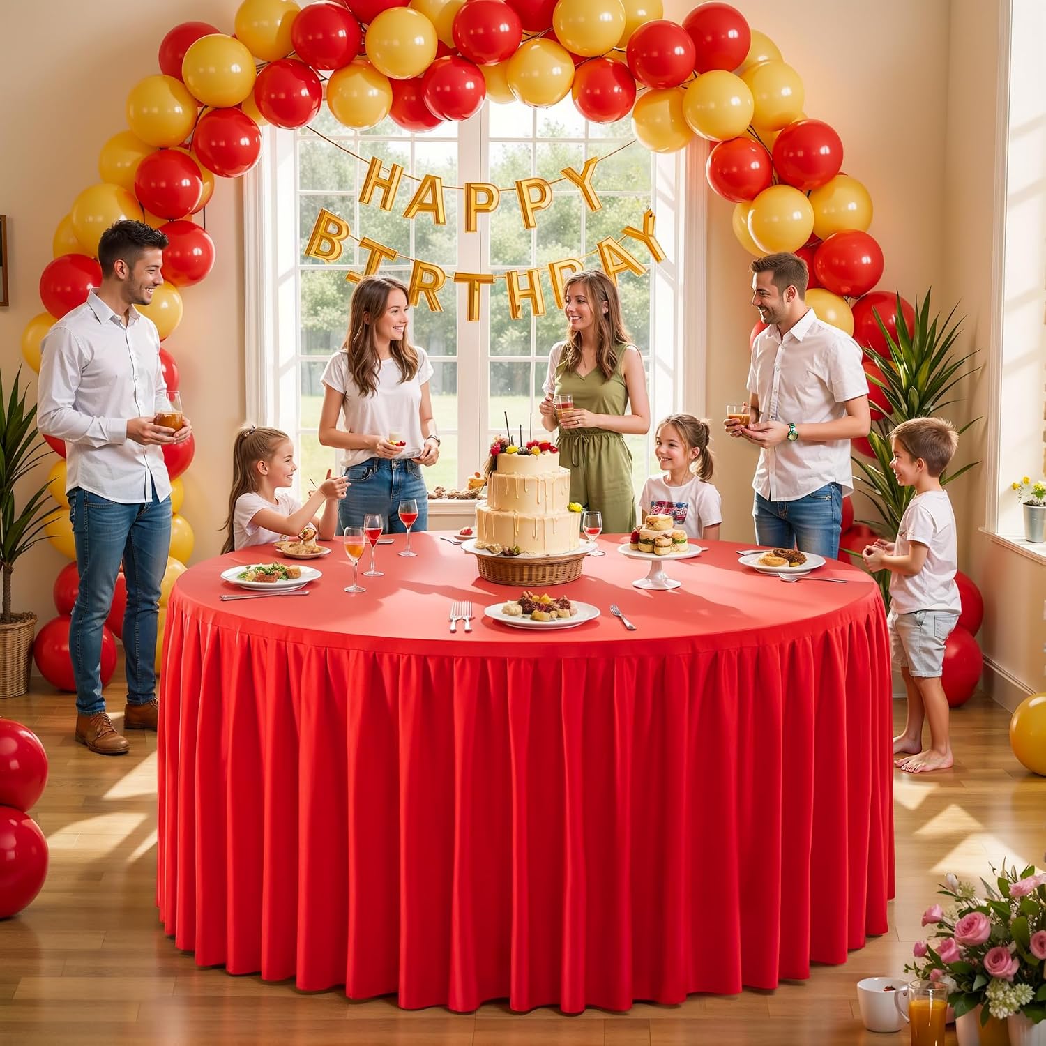 6 Pack Red Round Tablecloth 60 inch Stretch Spandex Fitted Table Cloth 5FT Round Banquet Tablecloths Wrinkle Free Table Cover Stitch Circle Tablecloth with Ruffle Skirt for Party Wedding Birthday