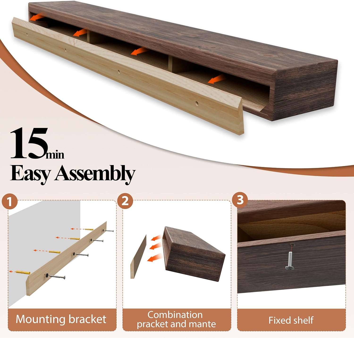72 Inch Fireplace Mantel Shelf - 8' Deep Solid Wood Floating Mantel for Over Fireplace - 120LBS with Invisible Bracket - Handcrafted TV Decor for Livingroom & Bedroom - Charred Rustic Brown