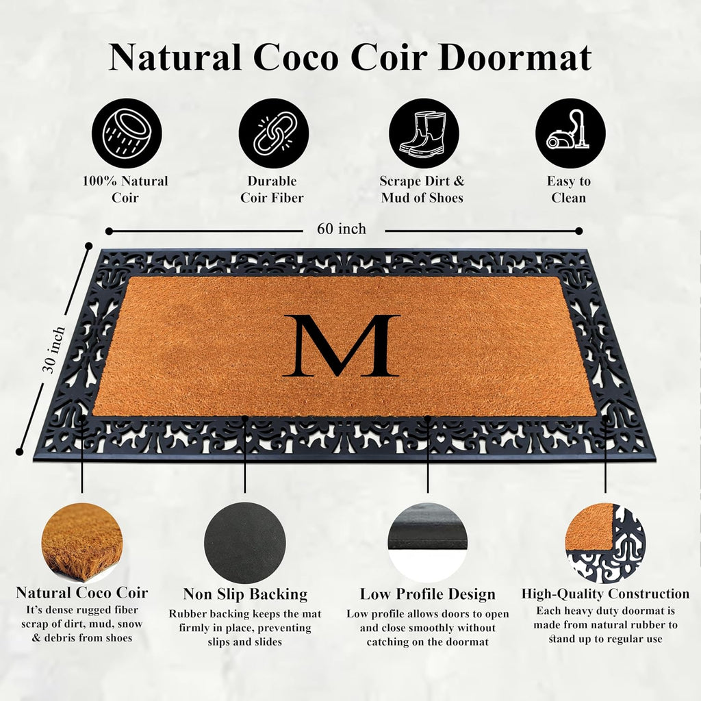 A1HC Natural Coir Doormat for Outside Entrance, Anti-Shed Treated Front Door Mat 30' x 60', Long Lasting Front Porch Entry Matt Monogrammed - M (Plain Black)
