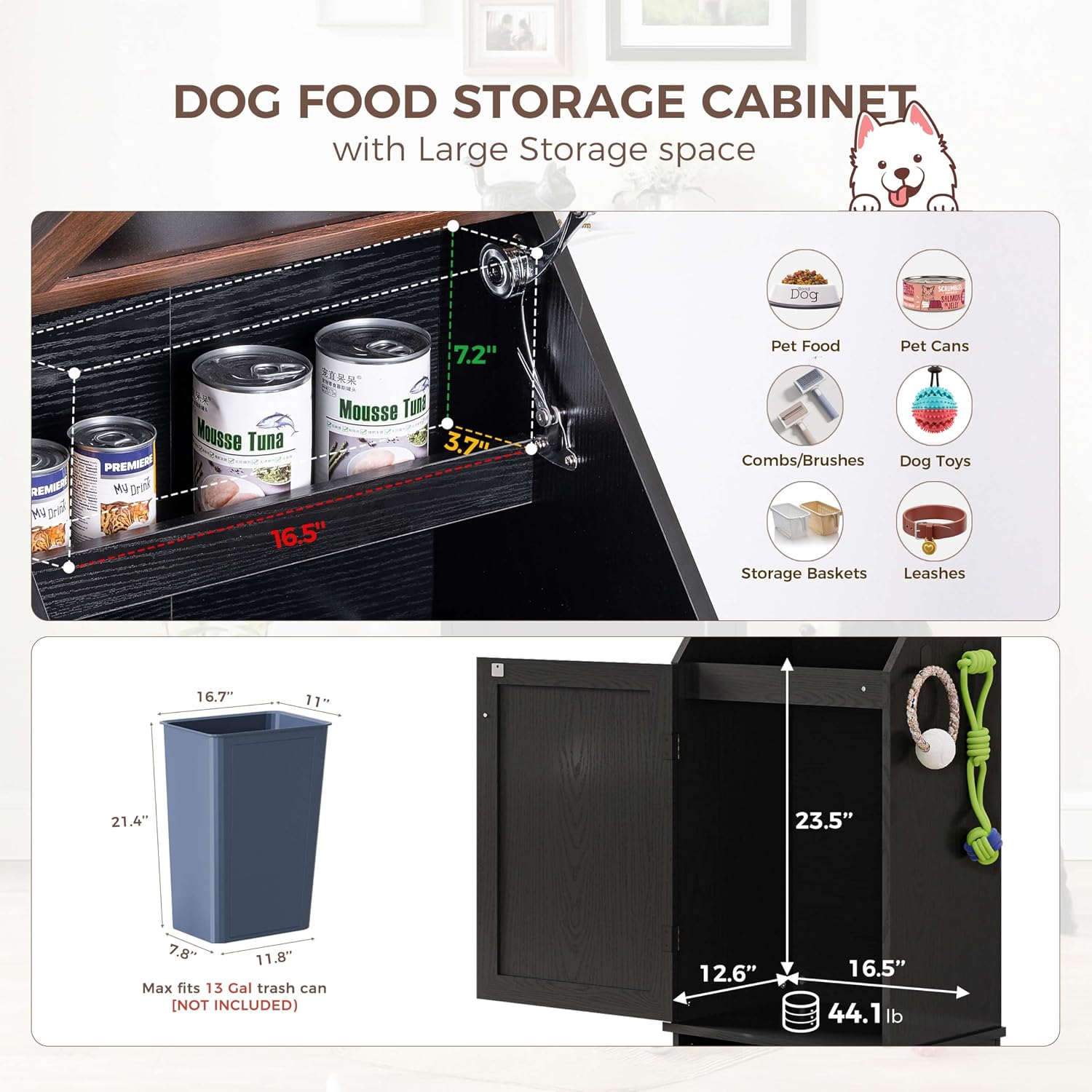 FIMELLO Dog Feeding Station with Storage, Dog Food Cabinet with 2 Hidden Feeding Bowls, Flip-Top Pet Storage Cabinet, Pet Food Holder, Black Grain