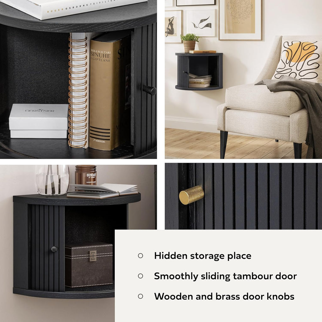 WERMO 16'' Black Floating Nightstand with Storage and Sliding Door - Floating Side Table for Living Room, Bedroom and Office. Mid Century Modern Nightstand Wood, Bedside Shelf Wall Mount (Black Oak)