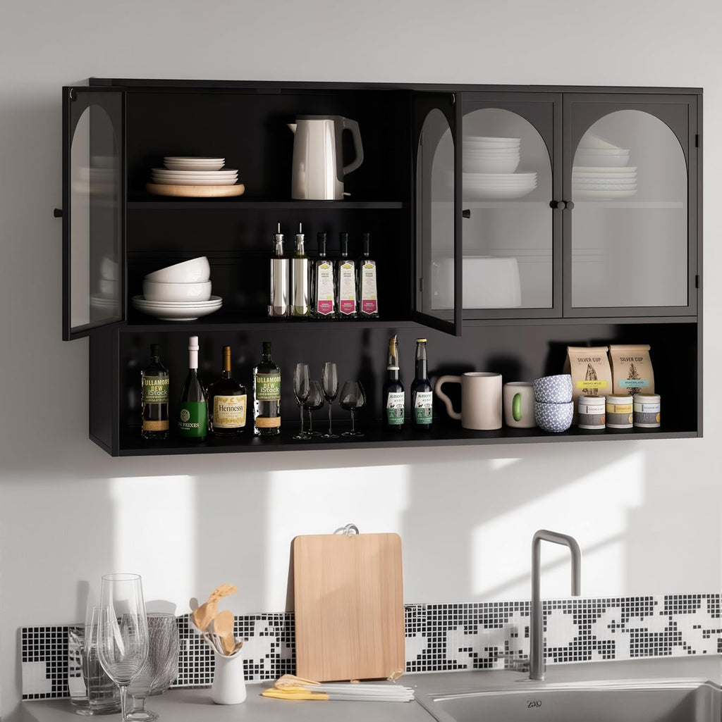 Retro Style Tempering Glass Door Wall Cabinet with Detachable Shelves and Open Shelves，for Office Dining Room,Living Room, Kitchen and Bathroom.Black