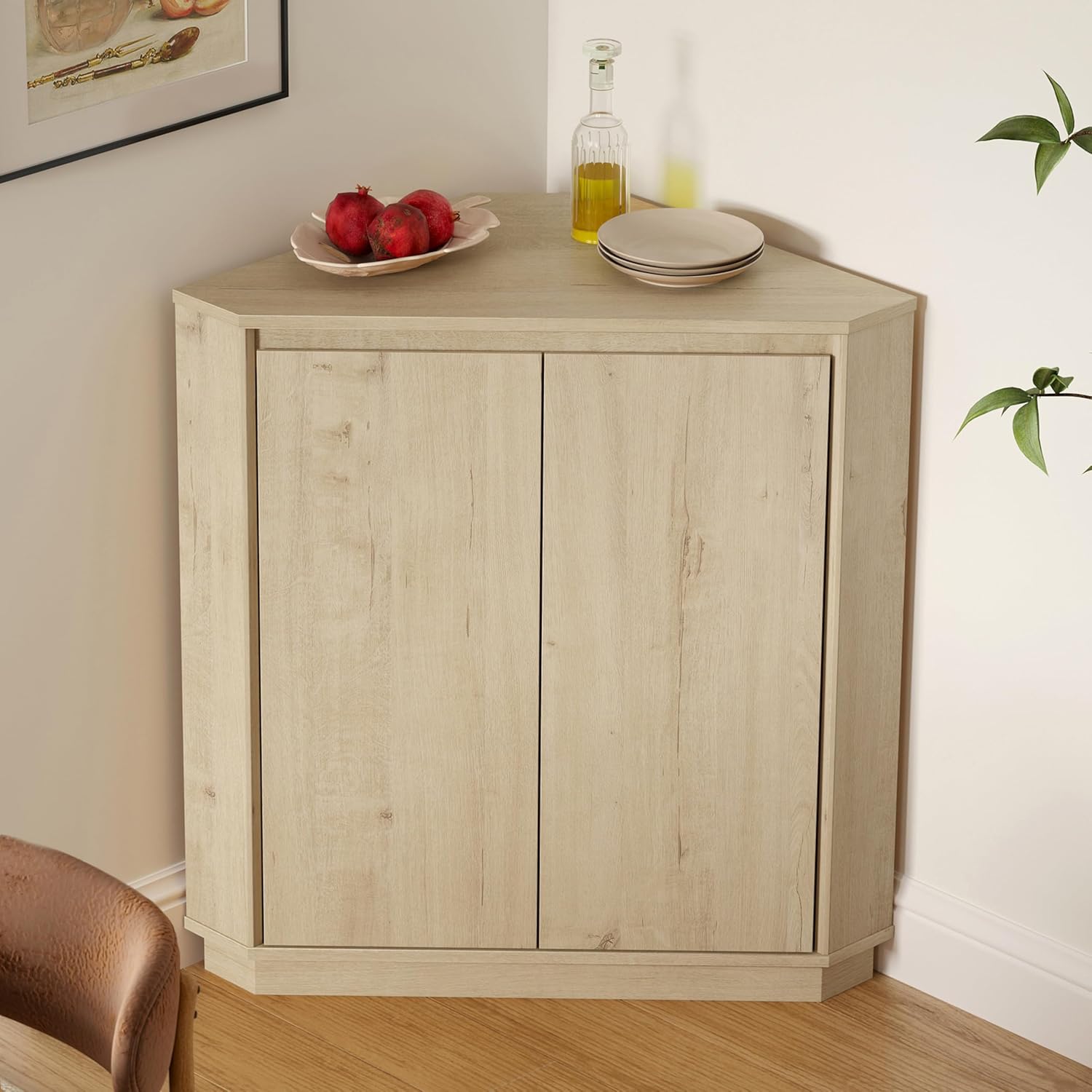 EYYTHUNG Corner Cabinet, Modern Handless Corner Floor Cabinet with 2 Doors and 2-Tier Shelves, Freestanding Narrow Organizer for Living Room Kitchen Bathroom, Light Oak