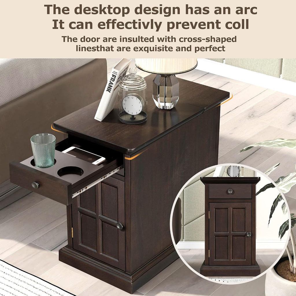 Multifunctional Classic Vintage End Table with USB Ports and 1 Drawer with Cup Holders, Sofa Side Narrow Table, Bedside Nightstand for Living Room Bedroom (Antique Espresso)