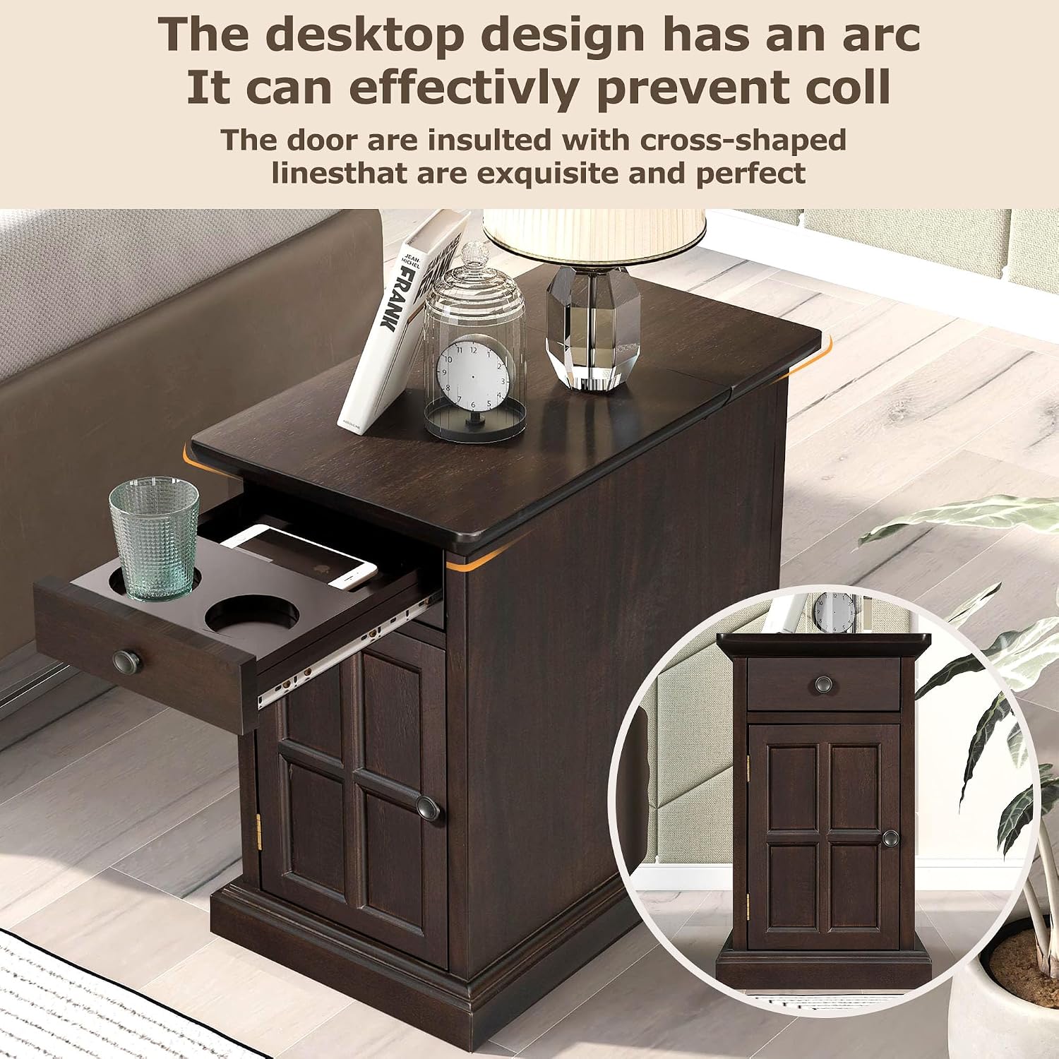 Multifunctional Classic Vintage End Table with USB Ports and 1 Drawer with Cup Holders, Sofa Side Narrow Table, Bedside Nightstand for Living Room Bedroom (Antique Espresso)