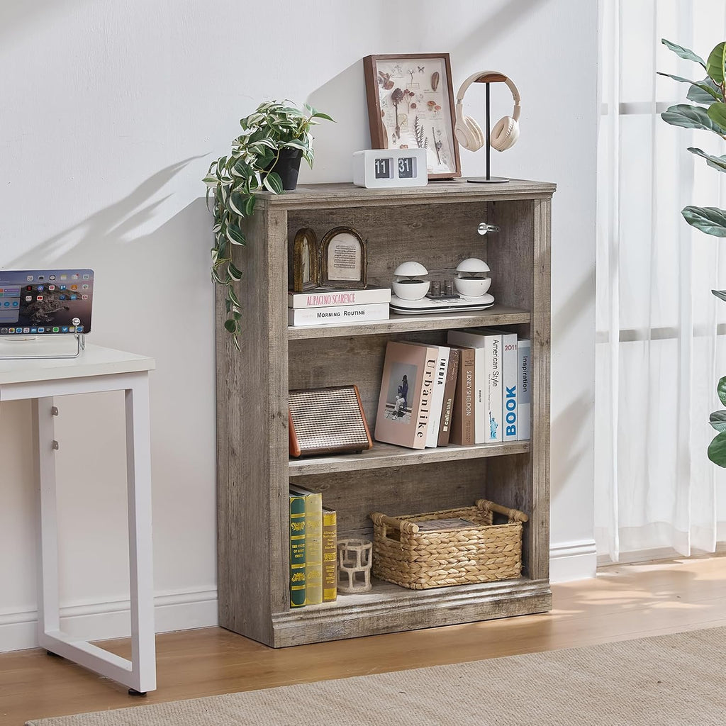 RWYHG 43' Grey Tall Bookshelf,3-Tier Thick Wooden Book Shelf with Adjustable Shelves,Free Standing Farmhouse Bookcase with Open Display Storage,Floor Vintage Bookshelves for Living Room,Office