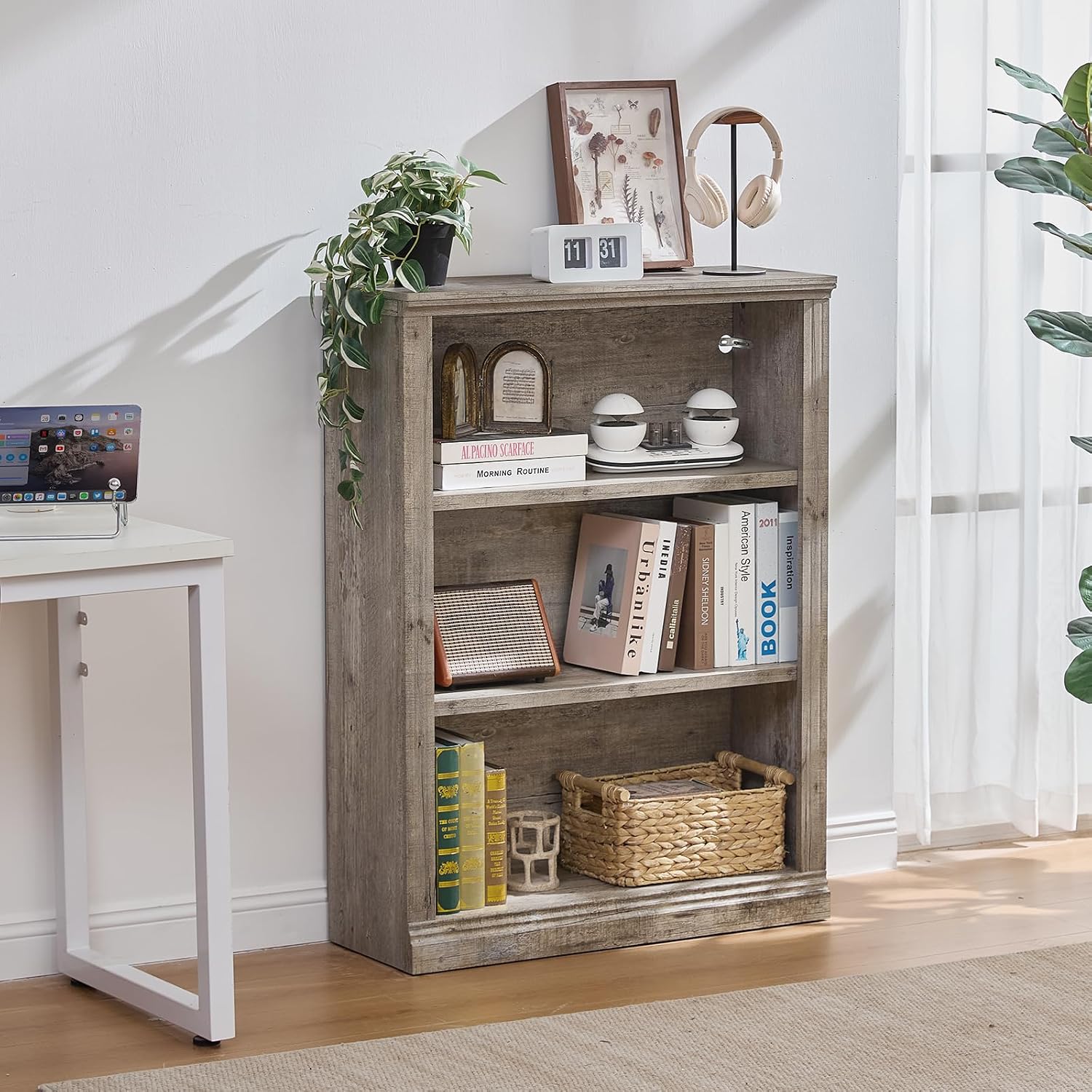 RWYHG 43' Grey Tall Bookshelf,3-Tier Thick Wooden Book Shelf with Adjustable Shelves,Free Standing Farmhouse Bookcase with Open Display Storage,Floor Vintage Bookshelves for Living Room,Office